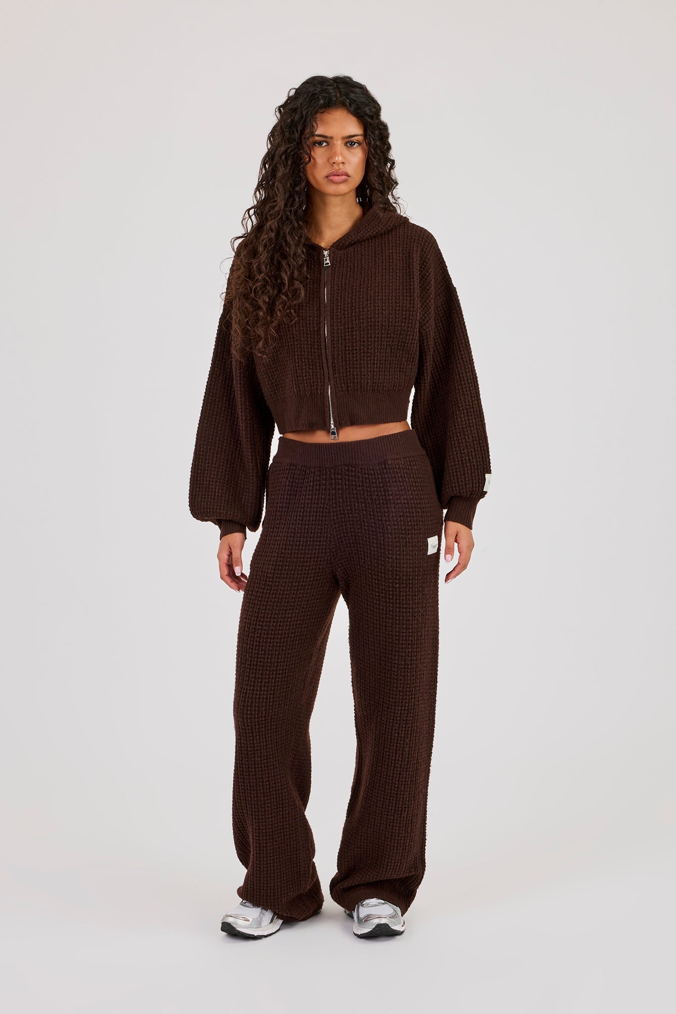 Waffle Knit Cropped Zip Through Hoodie - Chocolate